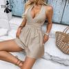 Moda feminina casual verão primavera cor sólida estampa sem mangas decote em v cintura alta calças macacões e macacões