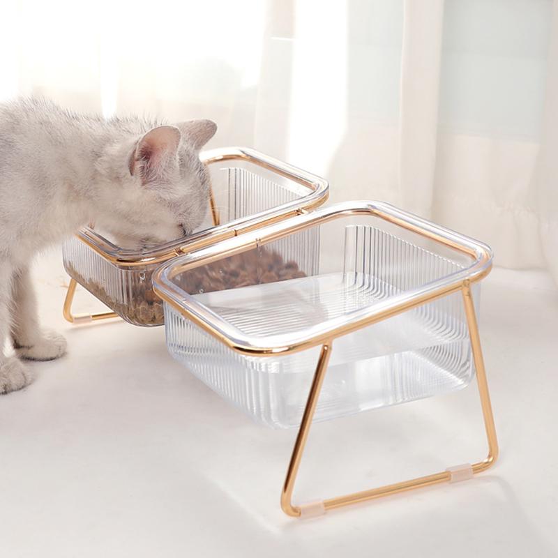 Professional Cat Double Bowl New with Stand and Mat Pet Kitten Puppy Transparent Food Feeding Dish Metal Elevated Water Feeder Dog Supplies
