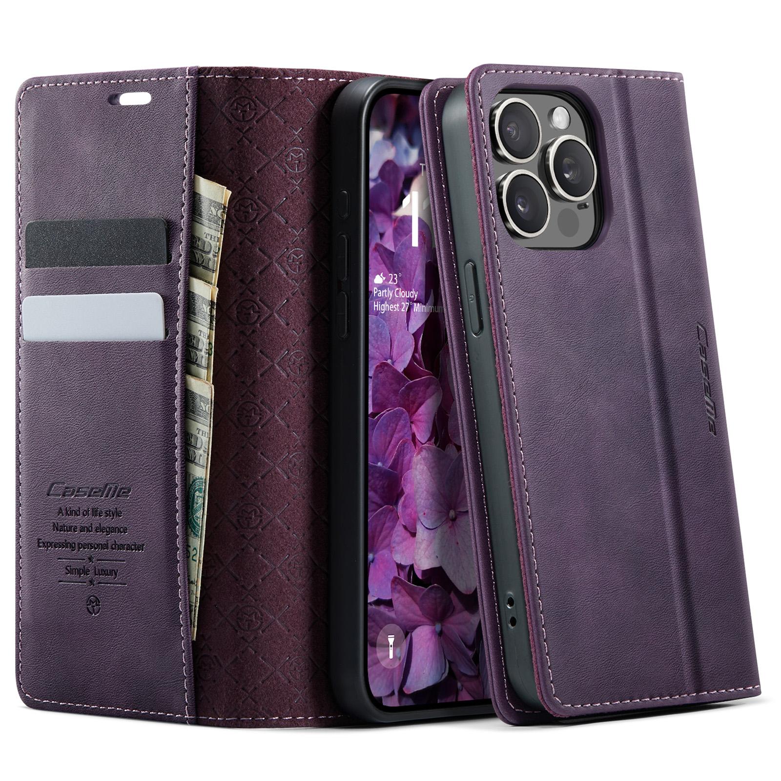 

For iPhone 14 Pro Case CASEME 033 Series RFID Blocking Wallet Stand Calf Texture Leather Phone Cover Purple