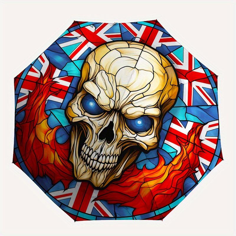 British Flag Stained Skull DecorUmbrella, Portable 3-Fold Compact Umbrella,Christmas Gift ES658