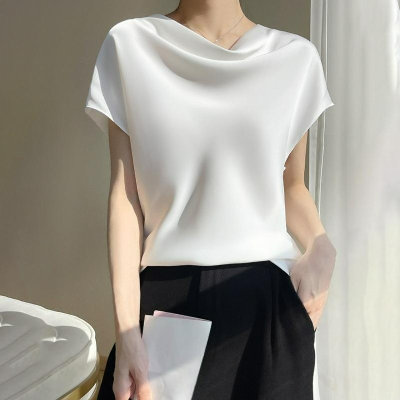 

Silk Satin Spring and Summer Short Women s French Collar Temperament T-shirt Simple Short-sleeved Plus Size Top M белый