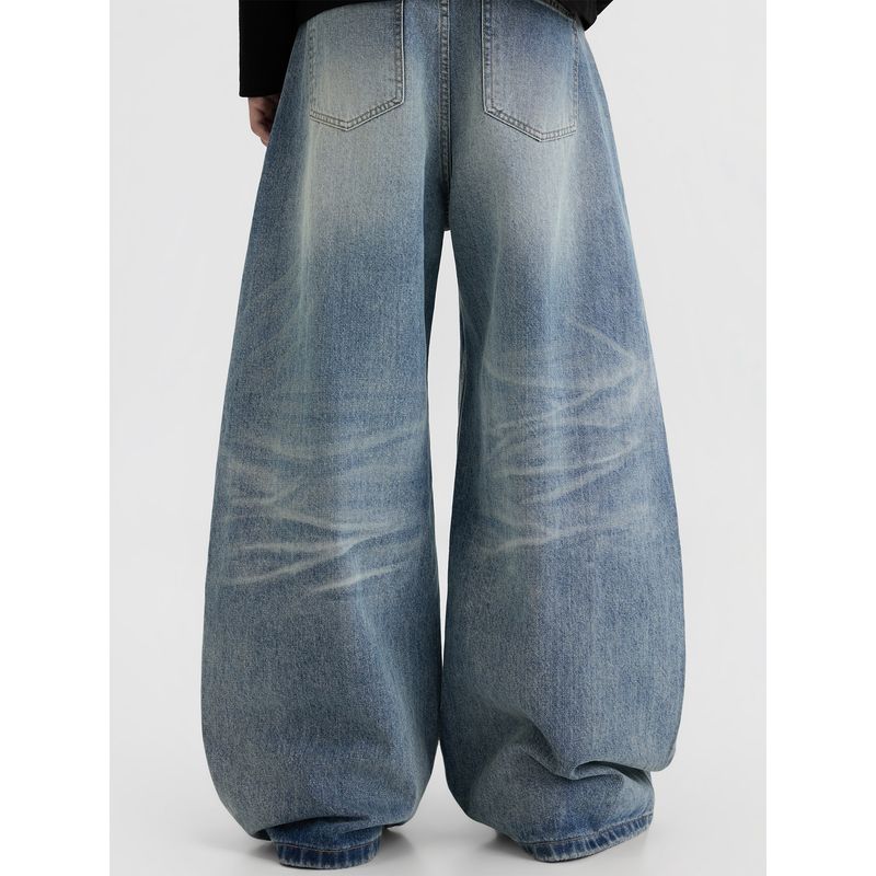 Blaexit American-Style Distressed Whiskered Washed Blue Scimitar Jeans for Men, Loose Straight-Leg Cleanfit Pants