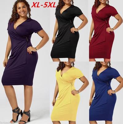 Plus Size Mulheres Moda Verão V Neck Vestido Feminino Sexy One Piece Sólido Mangas Curtas Vestido
