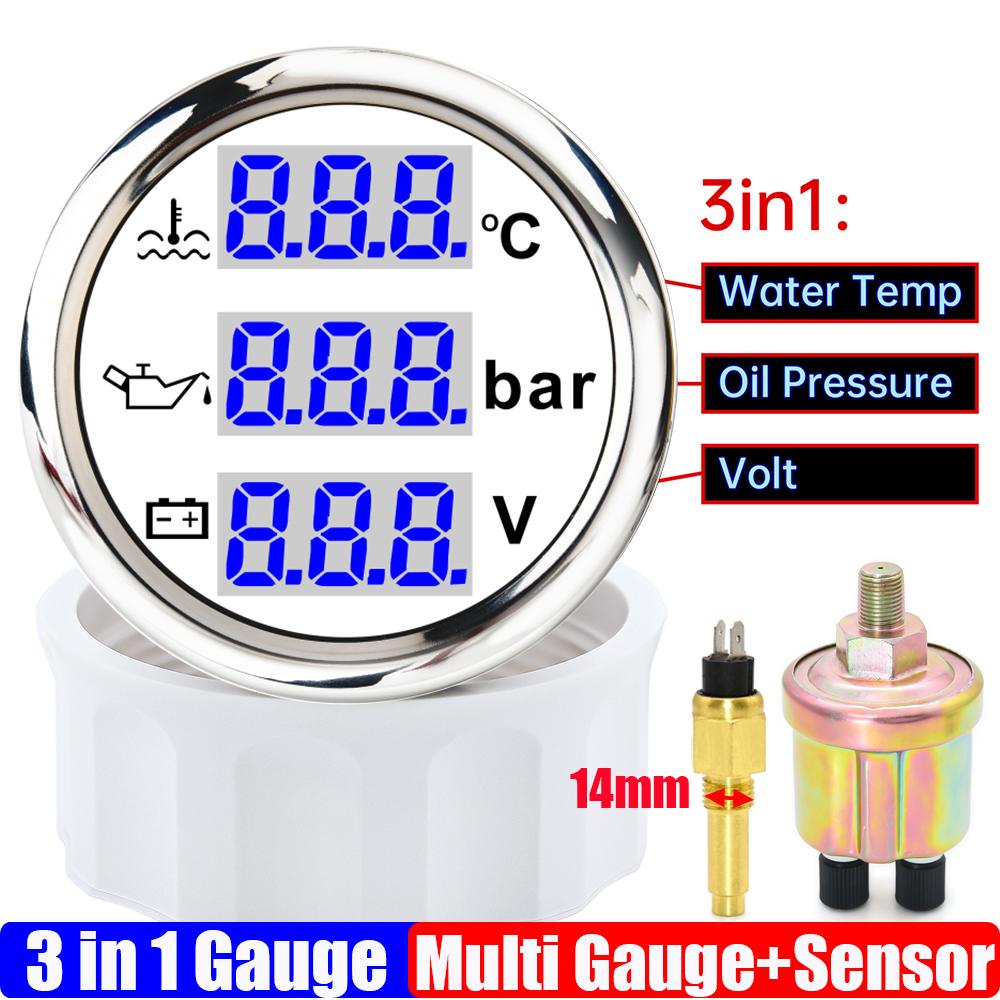 Blauer LED Digitaler 52mm Messgerät mit Alarm 0~120℃ Wassertemperaturanzeige+Öldruck+Spannung mit Öl-/Wassertemperatursensor