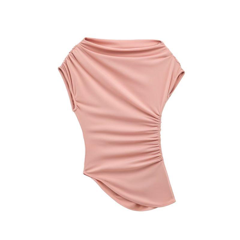 Kaslead New Arrival Women's Clothing Fashion Style Fashion Ruched Asymmetric Boat Neck Basic Tops 5644768