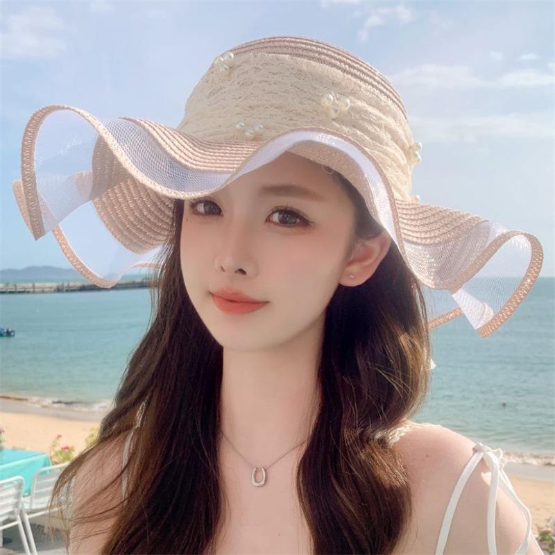 Summer French Big Brim Sun Hat Women's Fashion Ins Seaside Sun Protection Straw Hat Pastoral Pearl Face Small Sun Hat