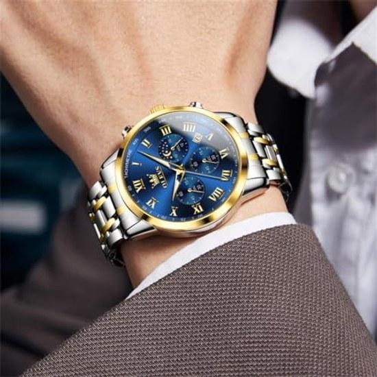 Olevs wristwatch mens silver waterproof analog quartz watch metal band date large dial Roman numerals chronograph Moonwatch