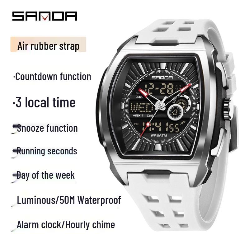 Waterproof Dual Display Sports Wristwatch with Luminous Timer - Stylish, Youthful, Barrel-Shaped Design