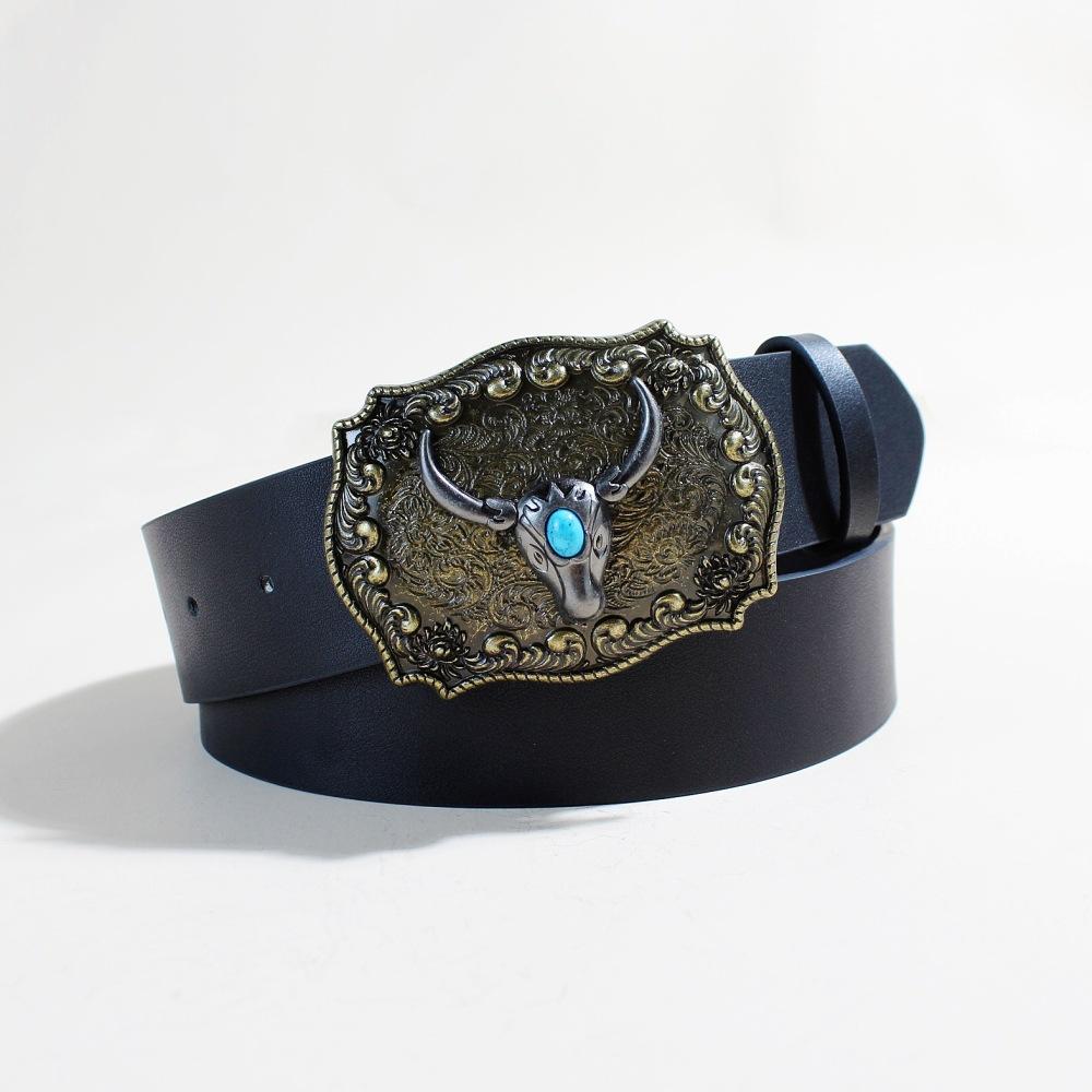 Vintage Western Denim Belt Cow Head Large Plate Buckle Denim Engraved Ethnic Style Male Punk Pu Leather Belt