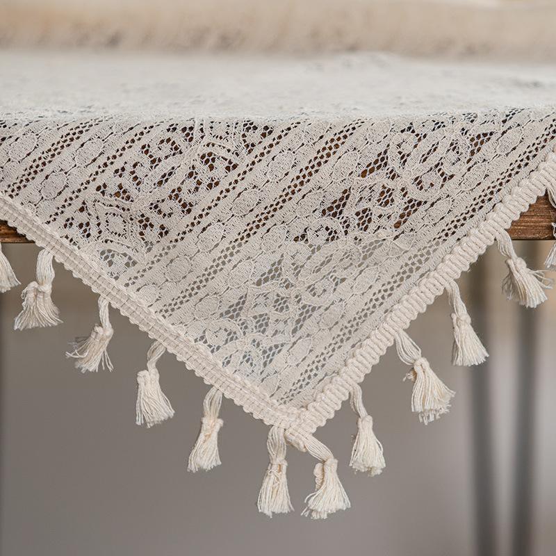 White Lace Embroidered Cotton Linen Tablecloth with Fringe Decoration for Dining Table Tea Table Cover