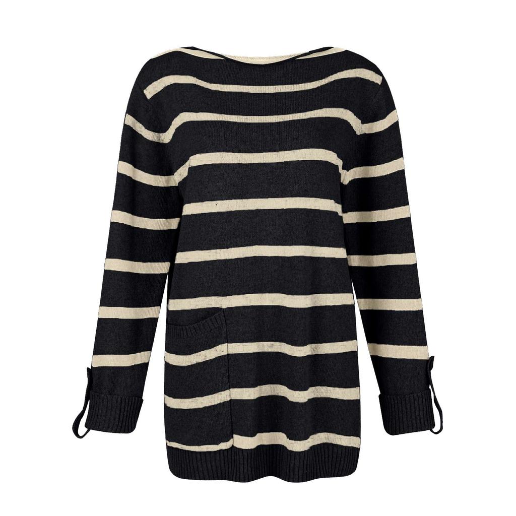 Women's Solid Color Contrast Striped Pullover Round Neck Loose Sweater Sweater