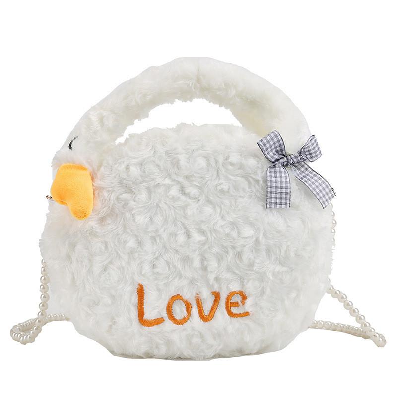 Cute Cartoon Plush White Goose Mini Shoulder Bag With Zipper Closure For Girls