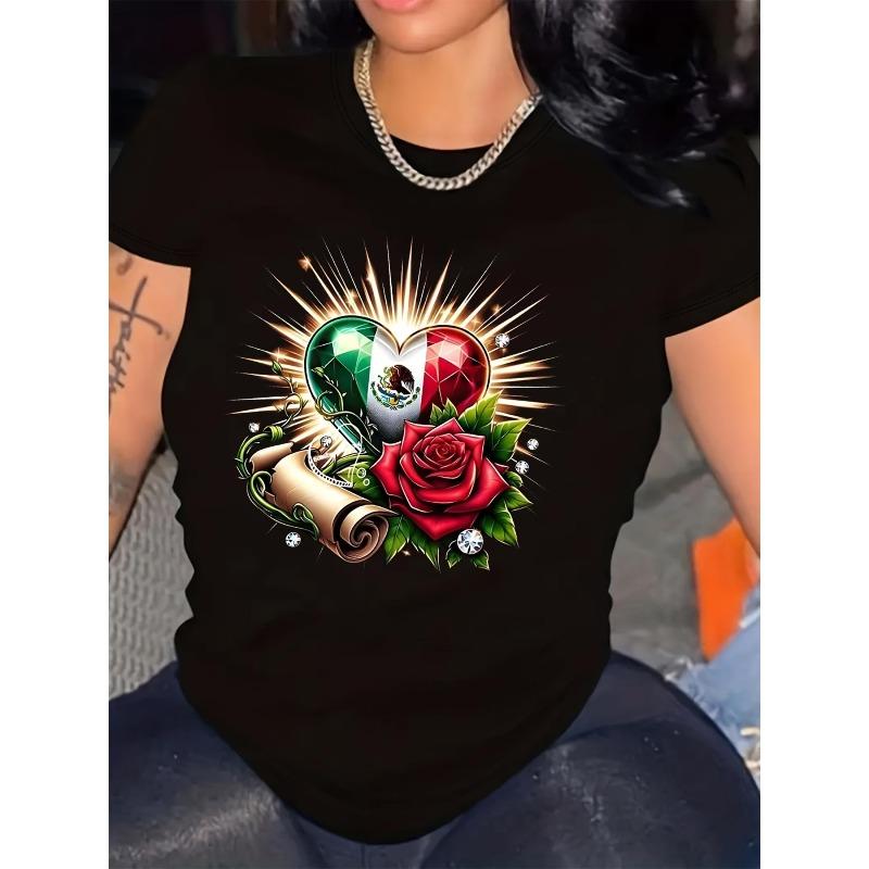 

European Size Women s Mexican Flag Heart & Floral Graphic T-Shirt - Black Crew Neck Short Sleeve with Roses, Breathable Lightweight Summer Tee 4XL чорний