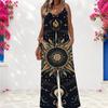Damen Spaghettiträger Jumpsuit Himmlisches Sonne Mond Stern Muster Weite Hosen Mit Taschen