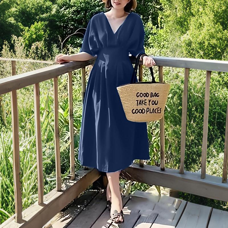 

ZANZEA Women Casual V-neck Solid Color Half Sleeve Dress S темно-синий