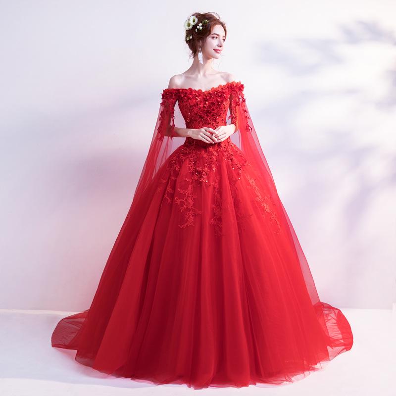 Rose Red Evening Dress with Yarn Long Sleeves 1011 New Bridal Wedding Toast Fairy Evening Dress