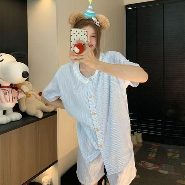 

Sweet ins wind blue striped pajamas women s summer short-sleeved shorts suit beautiful girls can wear loungewear s [recommended weight 35-40kg]