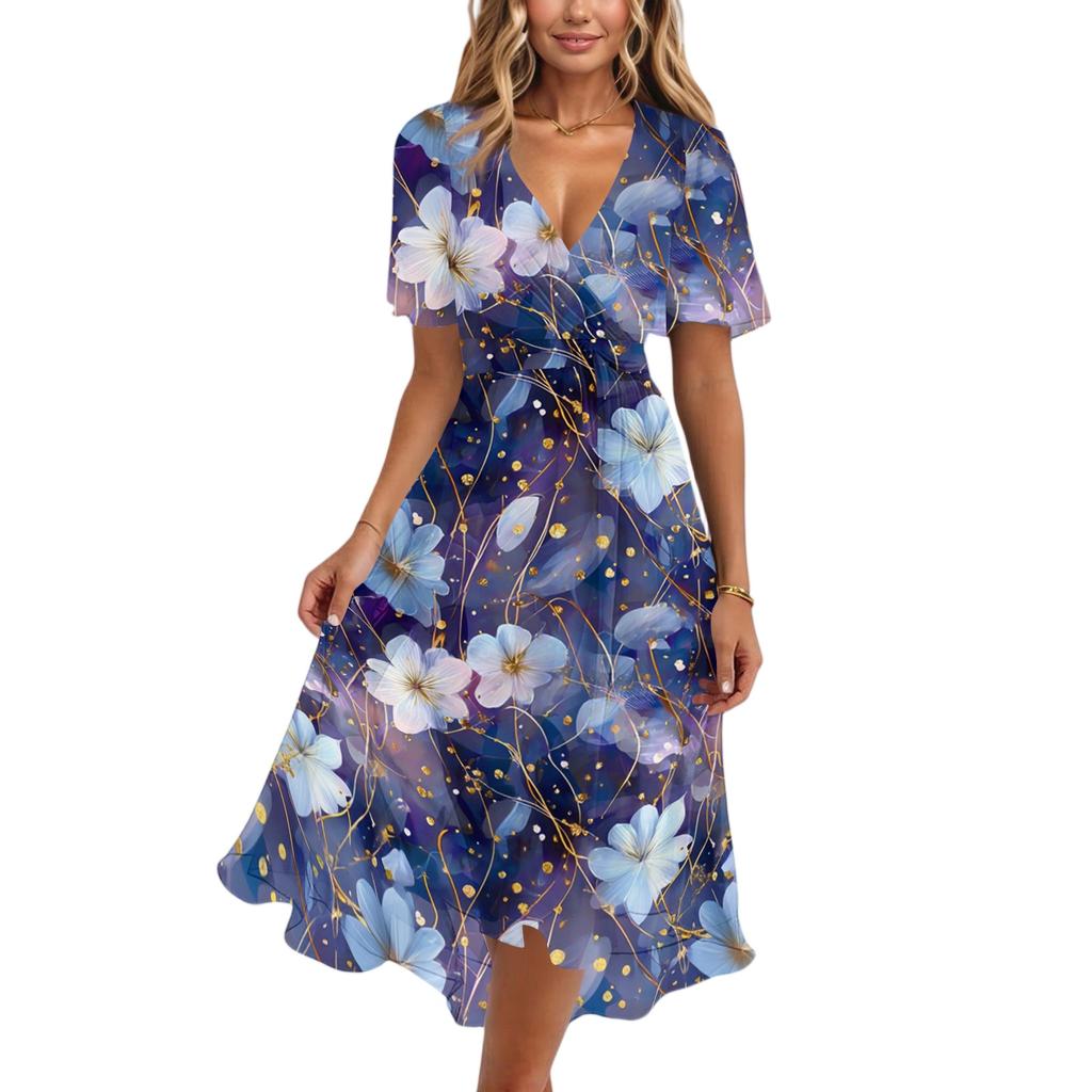 Women's Casual V Neck Short Sleeve Midi Dress Floral Print Wrap Style Lightweight Summer Dress