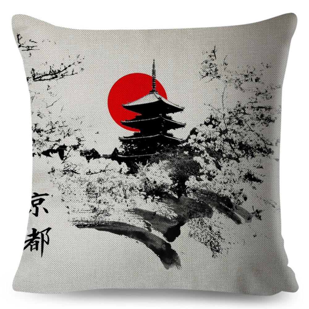 Japanese Style Ink Cushion Cover for Sofa Home Car Decor Beautiful Scenery Cat Girl Pillowcase Polyester Pillow Case 45x45cm