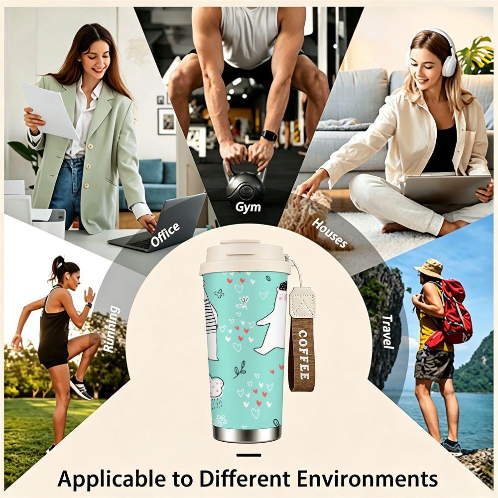 Cute Bear Print Leakproof Stainless Steel Insulated Coffee Tumbler Reusable Thermal Cup for Travel Office School Daily Use