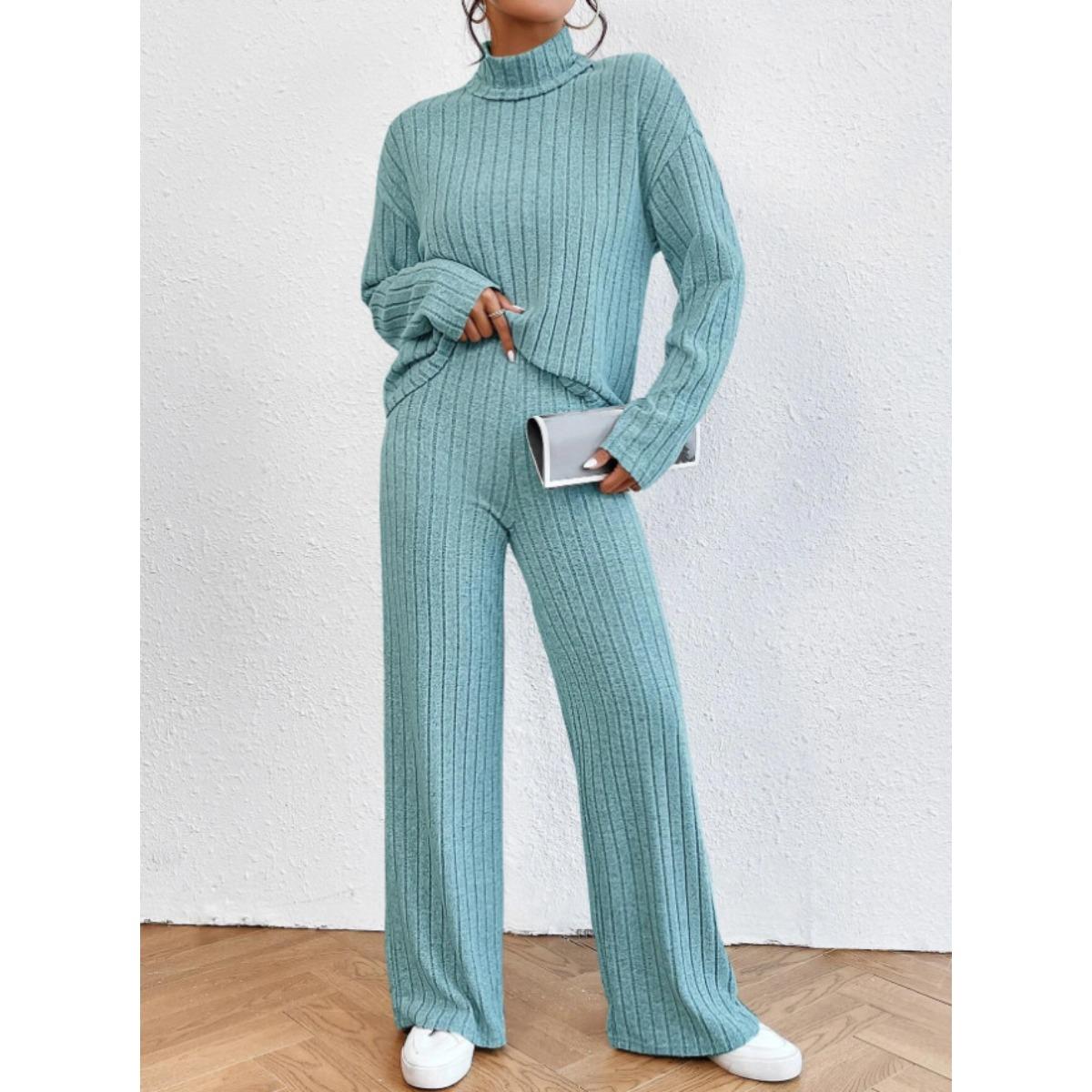 

Осенне-зимний повседневный комплект с высоким воротником, вязаный, с длинными рукавами, женское худи для внешней торговли, свободные брюки, комплект из двух предметов L небесно-голубой