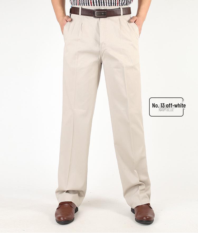 Pantaloni Casual de Vară din Bumbac cu Croială Largă pentru Bărbați - Talie Înaltă, Picior Drept, Cu Pliuri Duble pentru Bărbați de Vârstă Mijlocie și Vârstnici