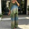 Spring Summer Autumn Suit Plus Size 2 Piece Sets for Women Crew Neck Short Breathable Clothing Sleeve Top Wide Leg Pants Set Casual Loose Lounge