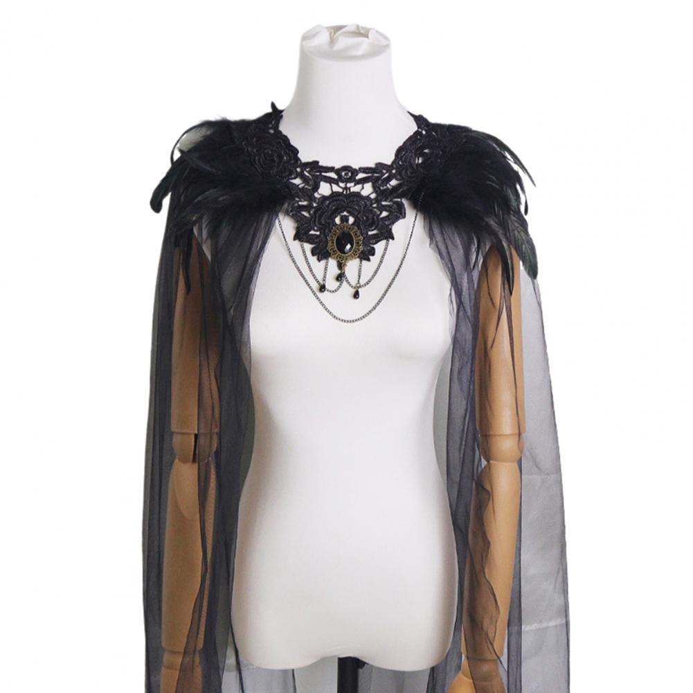 Design Black Yarn Black Tulle Draped Veil Black Feathered Shoulder Wrap Cape with Lace Collar Tulle Veil for Women for Halloween