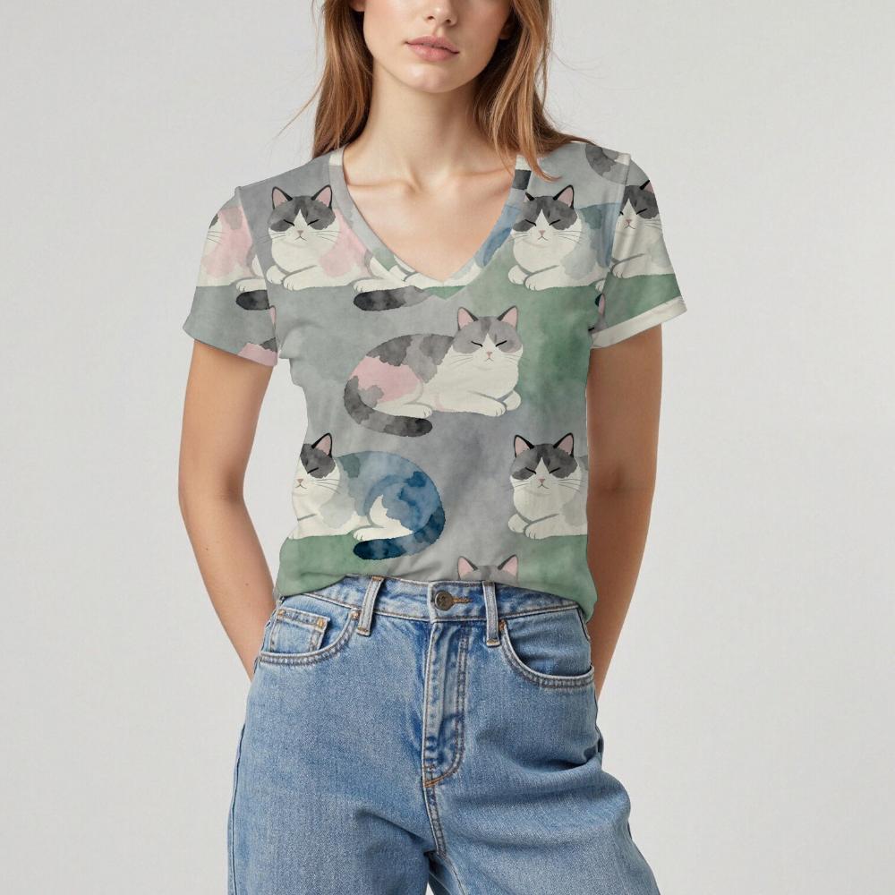 

Summer Women s New Short-sleeved T-shirt Cat Pattern Top Soft Texture Comfortable Breathable Personality Daily S