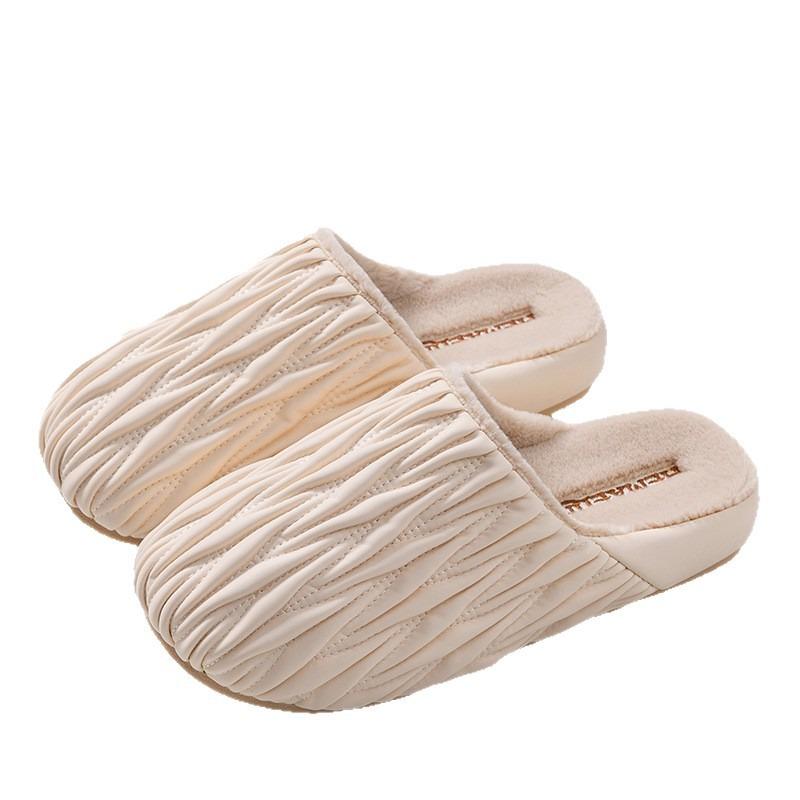 Autumn and winter new far-port pleated cotton slippers women's indoor home waterproof and warm home fleece leather drag men