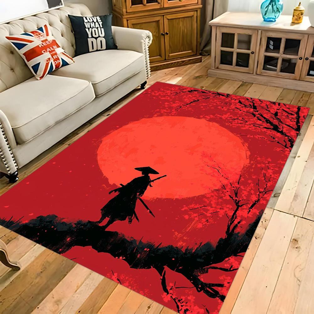 Japanese Samurai Silhouette Print Area Rug, Red Sun Cherry Blossom Floor Mat for Living Room Bedroom Game Room Dorm Home Decor