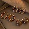 6pcs Tiger Eye Stone Earrings Set. Maillard Tone Geometric Hoops, Vintage Style for Daily and Party Wear.