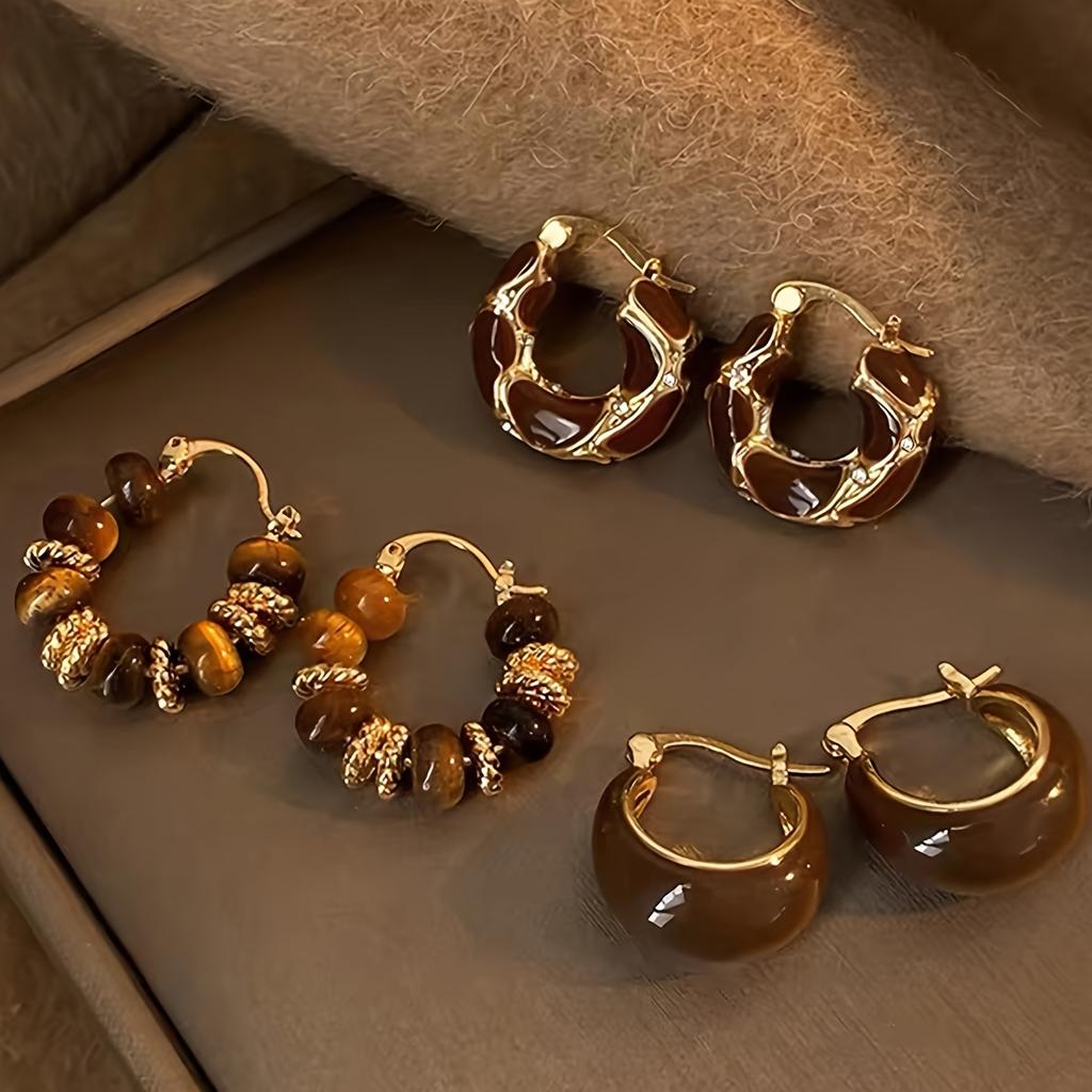 6pcs Tiger Eye Stone Earrings Set. Maillard Tone Geometric Hoops, Vintage Style for Daily and Party Wear.