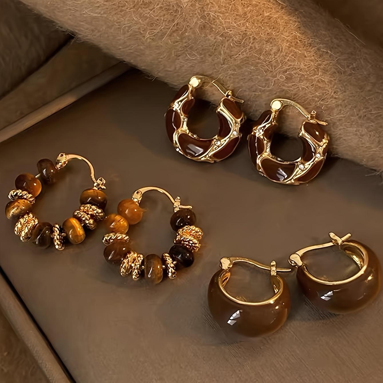 6pcs tiger eye stone earrings set. Maillard tone geometric hoops, vintage style for daily and party wear.
