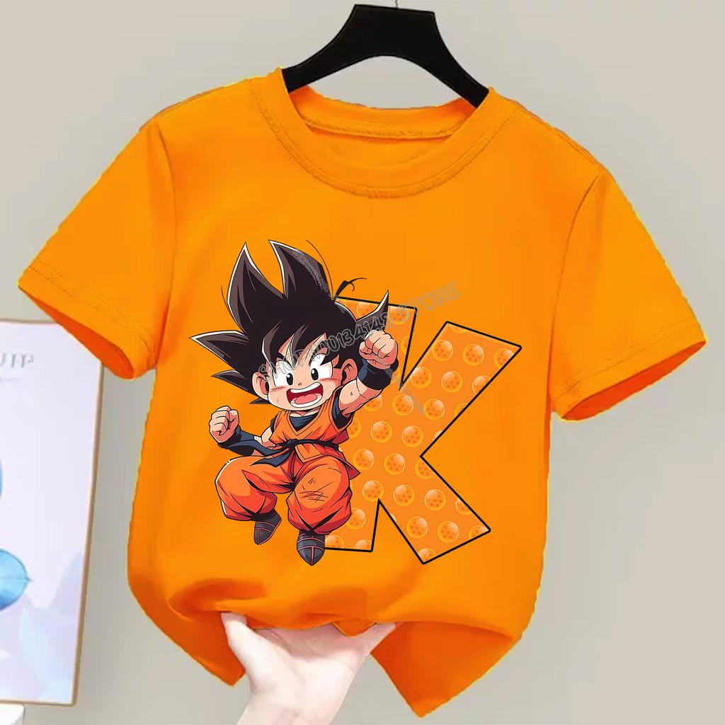 Dragon Ball Goku T-shirt for Children Cartoon A-Z Letters Tee Top Boys Girls Orange Clothes New Kids Short Sleeve Clothing Gift