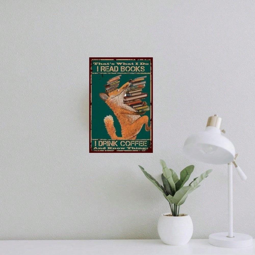Vintage Metallposter Wandkunst, Geschenk für Kaffee- und Buchliebhaber, Rustikales Blechschild für Bibliotheks-Heimdekoration