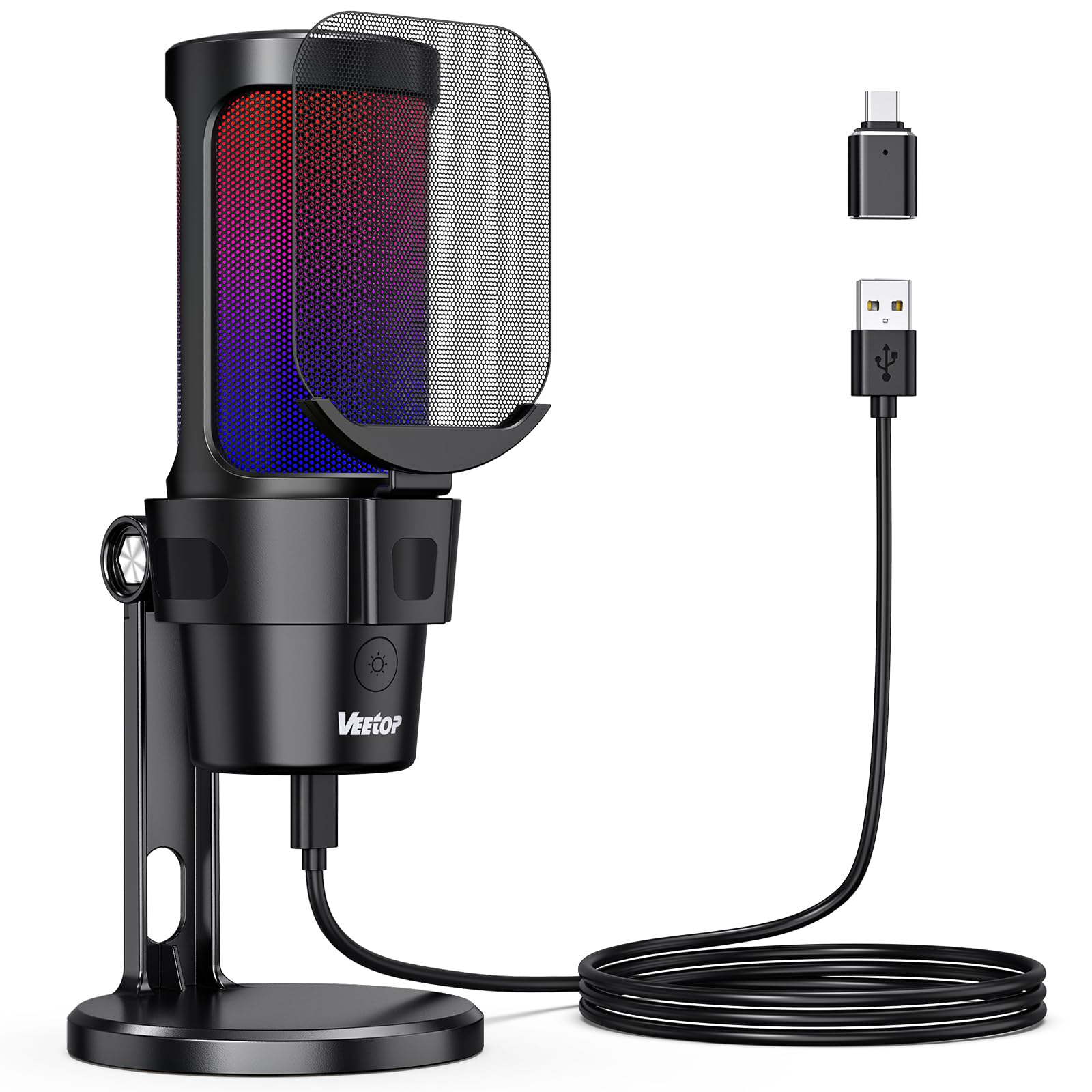 

Veetop USB Конденсаторный Игровой Микрофон, Микрофон для ПК с RGB-подсветкой, Кардиоидная Диаграмма Направленности, Отключение Звука в Одно Касание, Поп-фильтр, Plug & Play Громкость