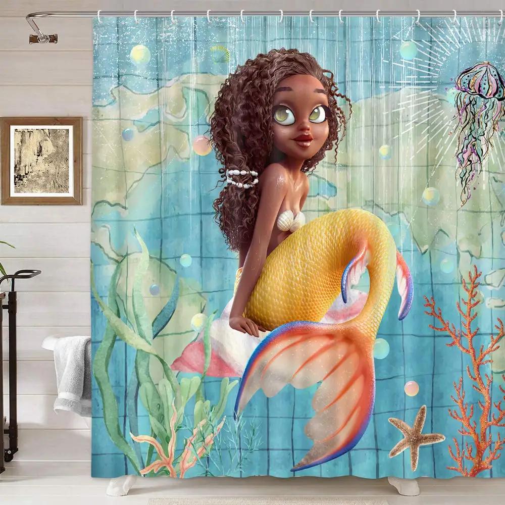 Mermaid Shower Curtain Tail Fish Girls Kids Cartoon Ocean Heart Colorful Purple Hair Seaweed Bath Decor with Hooks Waterproof