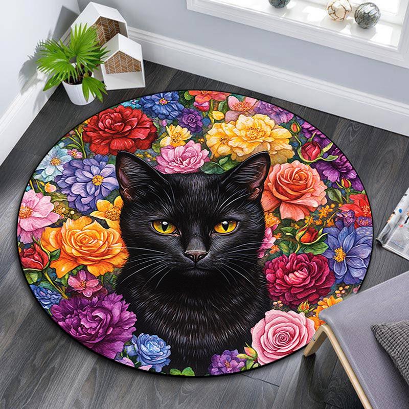 Black Cat Floral Round Area Rug,Carpet Rug for Living Room Bedroom Sofa Playroom Decor,Non-slip Floor Mat