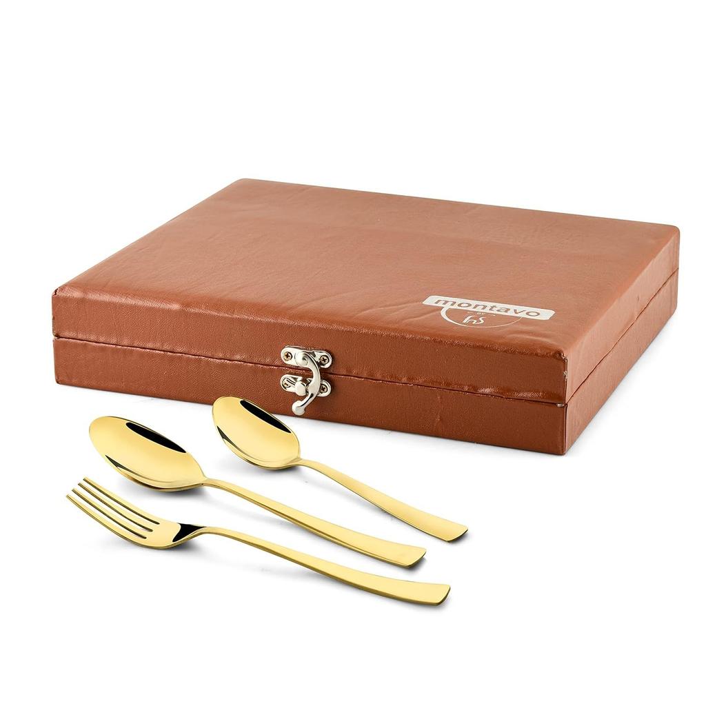 Montavo Alexa Gold 18 Piece Stainless Steel Cutlery Set with Leatherette Box (6 Dinner Spoon, 6 Dinner Fork & 6 Teaspoon)