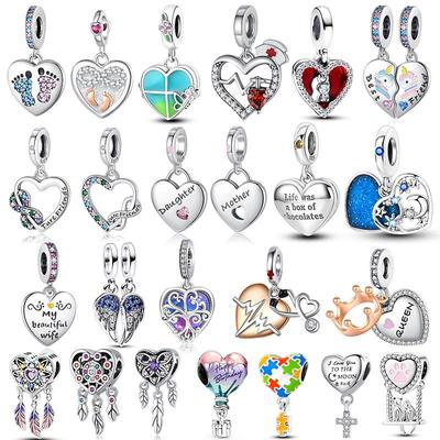 Pingentes de coração pendurados, pulseiras originais da moda, combinação de zircônia e contas de coração, mãe e filha, joias faça você mesmo