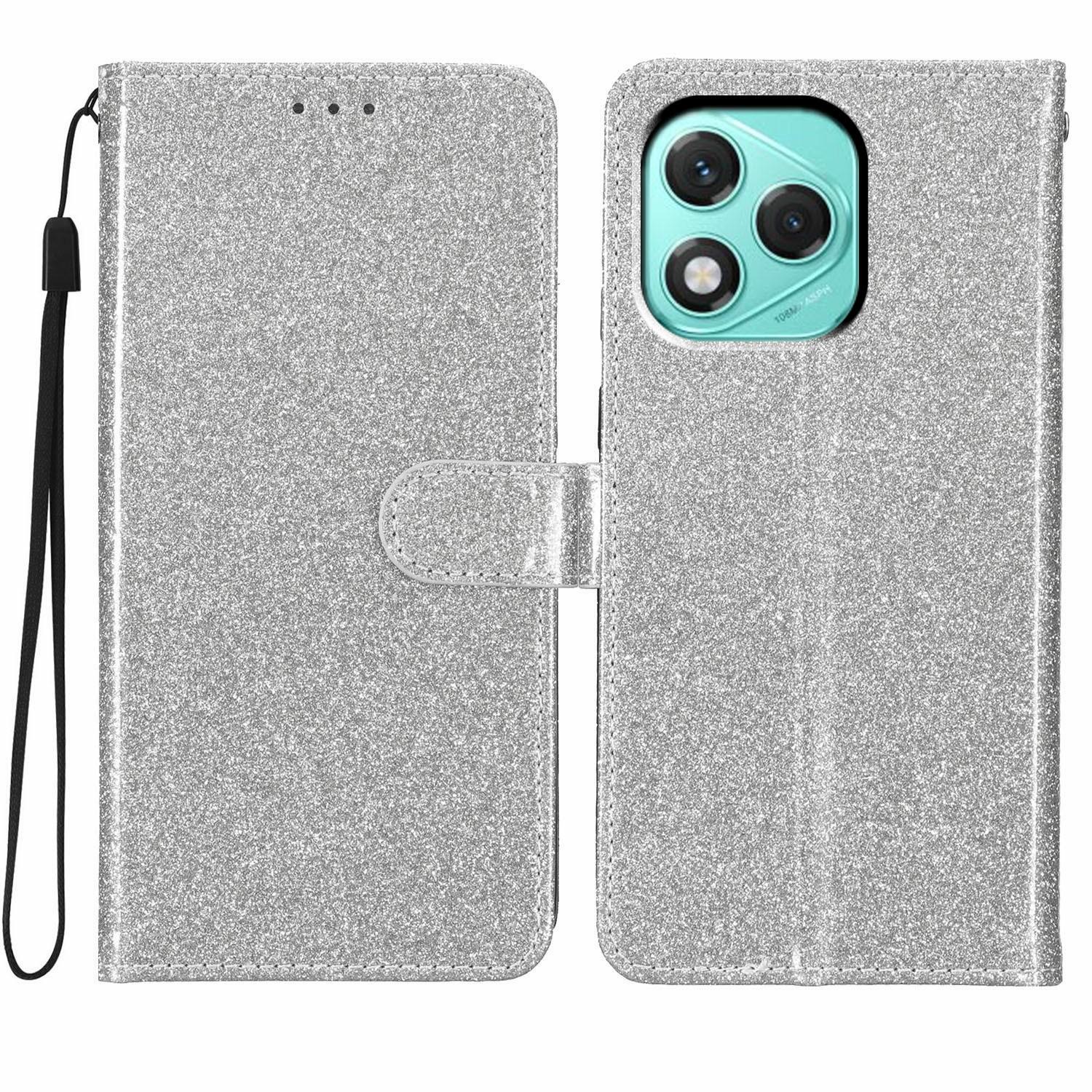 

For Honor 400 Lite 5G Wallet Case Glitter Anti-Scratch Leather Stand Phone Cover with Strap Silver
