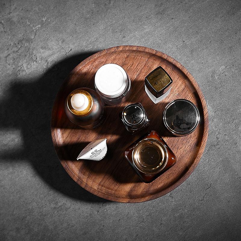 Light Luxury Creative Walnut Solid Wood Round Tray Cup Holder Storage Plate Rotating Pedestal Bathroom Cosmetics Storage Rack