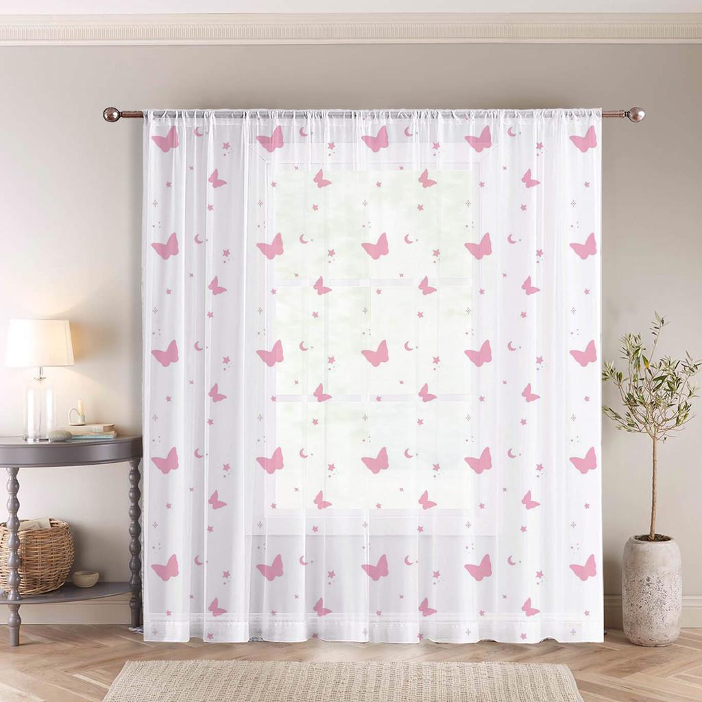 Traumhaftes Mädchen Herz Schmetterling Mond Stern Einteiler Fensterstange Inklusive Süße Atmosphäre Dekorative Vorhänge Transparent Aus Polyester