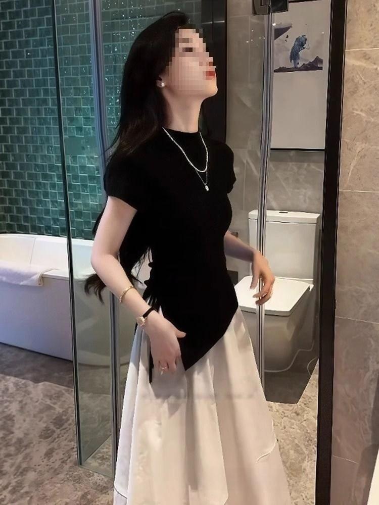 Black Oversize Knitted Ice Silk Sleeveless Top With Embroidery For Summer Casual Wear