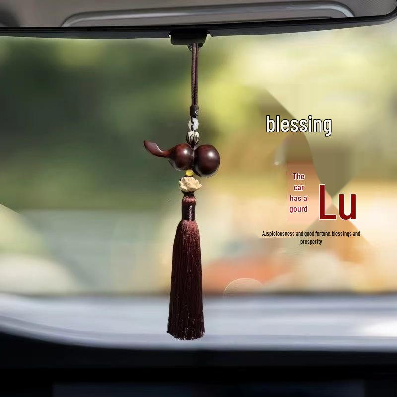 Lotus Fu Lu Gourd Wooden Rearview Mirror Pendant - Handmade Car Interior Ornament