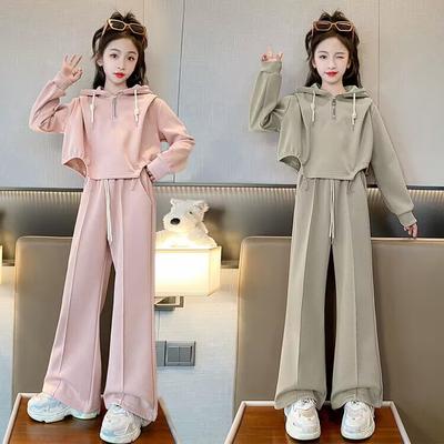 Abbigliamento Primaverile per Ragazze Felpa con Cappuccio Completo Ragazze Eleganti Pantaloni Dritti a Gamba Larga Bambini Grandi Autunno Completo Due Pezzi