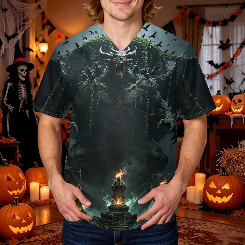 Herren Halloween Print V-Ausschnitt Kasack mit Tasche Kurzarm Uniformhemd