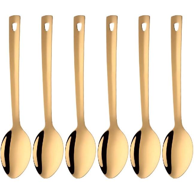 Stainless Steel Serving Spoons: Long Handle Flatware Set of 6 - Large Metal Kitchen Serving Tablespoons for Buffet Banquet 13-Inch Gold