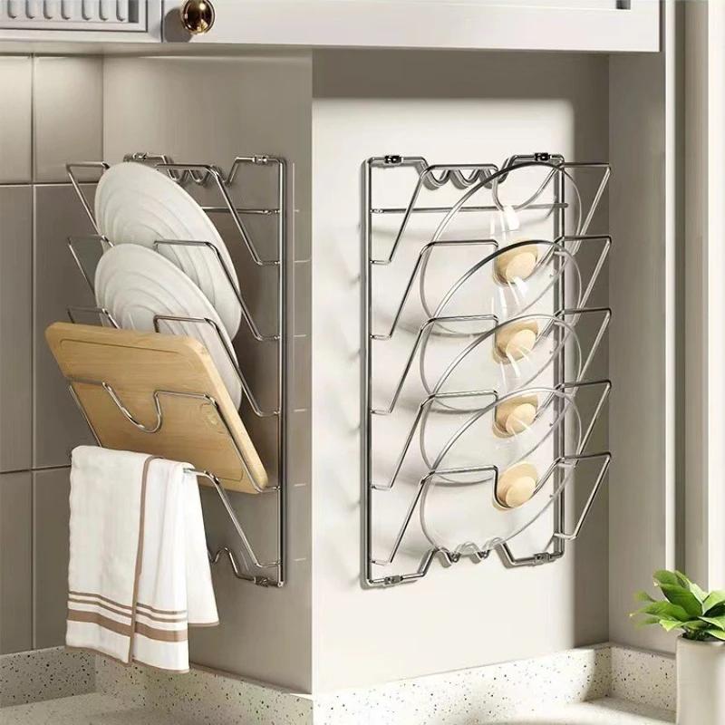 5-Tier Heavy Duty Metal Pot Lid Organizer Rack, Wall Mounted Space-Saving Kitchen Storage for Cookware Covers with Adjustable